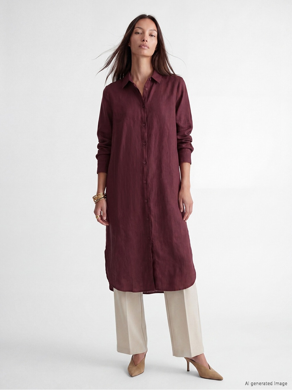 Vince Long Sleeve Button-Front Shirt Dress in Burgundy